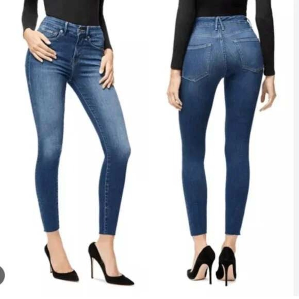 GOOD AMERICAN High Rise Skinny Jeans Women Blue Wash Distressed Hem 28x27